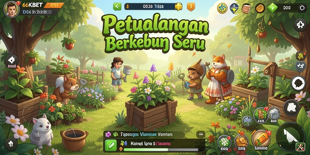 Gameplay <strong>66KBET</strong> dengan ladang hijau yang subur dan tanaman yang tumbuh.