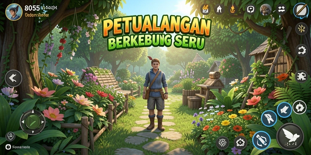 Tampilan gameplay seru dalam 8055, menampilkan kebun yang indah.