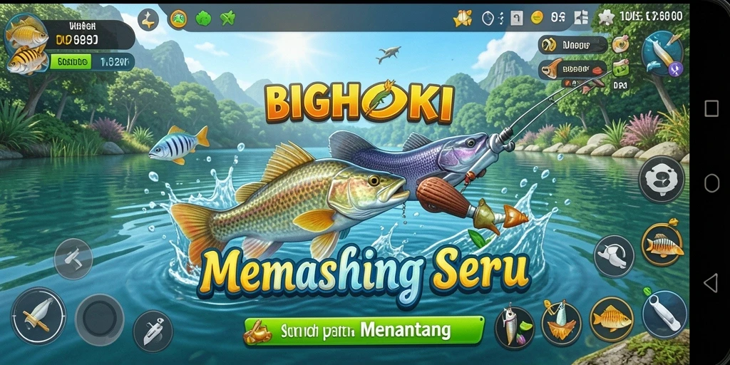 Screenshot utama BIGHOKI menampilkan gameplay memancing yang seru dan grafis yang memukau.