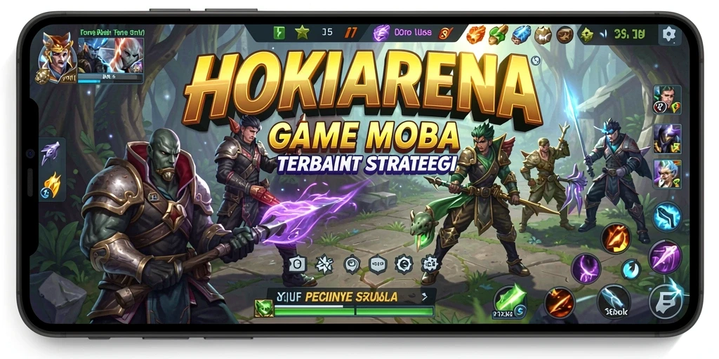 Screenshot HOKIARENA menampilkan pertarungan epik antar karakter MOBA.