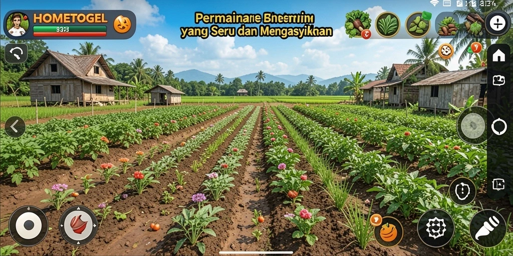 Tampilan gameplay <strong>HOMETOGEL</strong> yang menarik dengan aktivitas bertani yang seru.