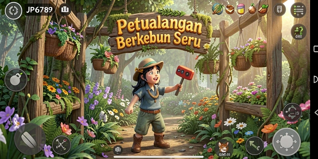 Tampilan gameplay JP6789 dengan kebun yang berwarna-warni dan hewan yang lucu.