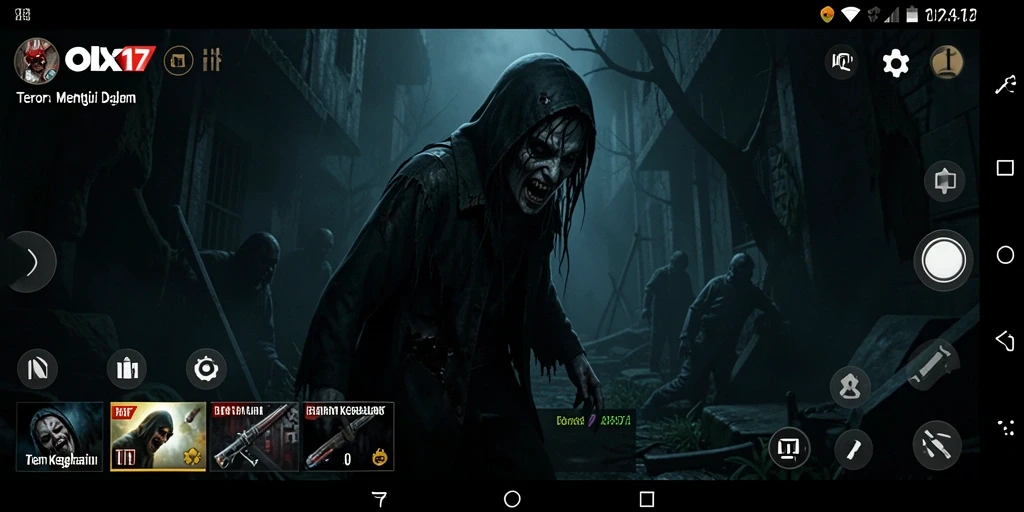 Tangkapan layar utama OLX17 menampilkan gameplay menegangkan dalam suasana menyeramkan.