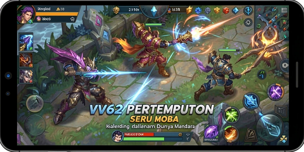 Tampilan gameplay VV62 yang mendebarkan di arena pertempuran MOBA.